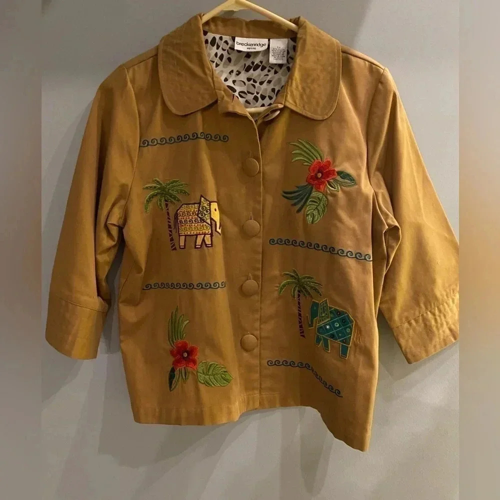 Breckenridge Petite  Medium Top Jacket Embroidered Button Blazer Jungle Animal